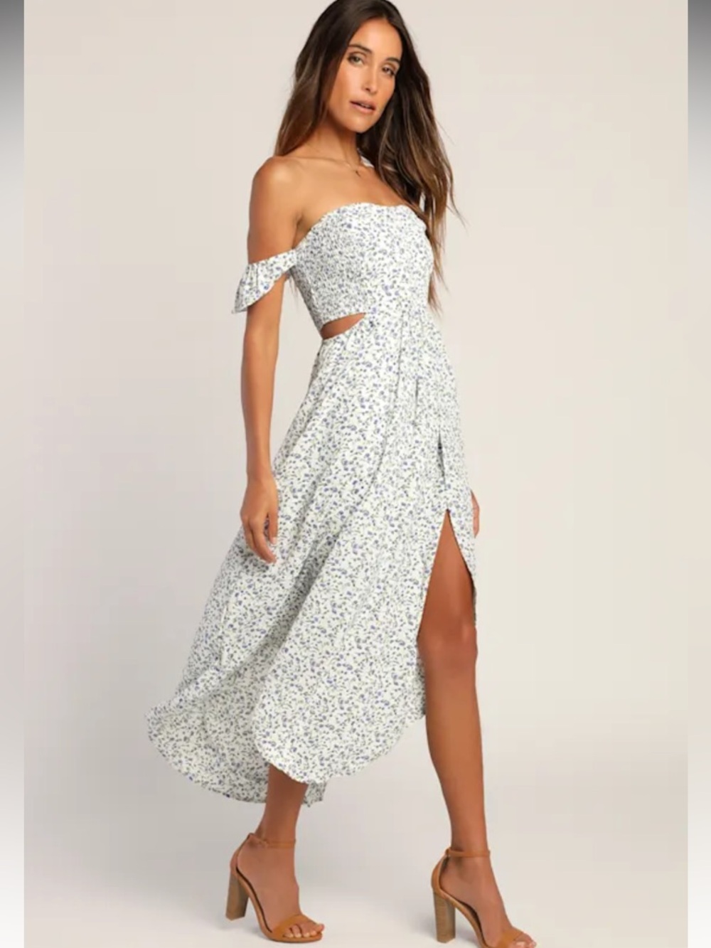 Lulu's White Strapless Midi Dress with Blue Floral Print and Side Cutout Slit